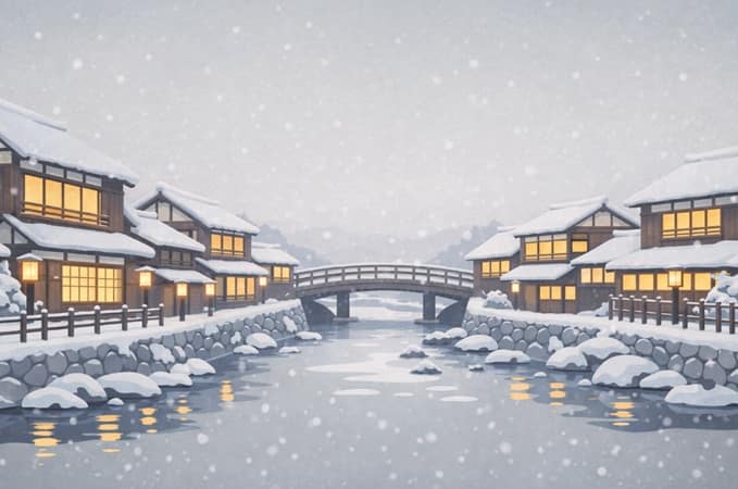 レトロな旅館、温泉街 冬