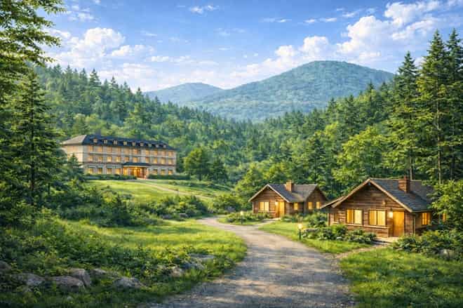 山の中のホテルとコテージイメージ